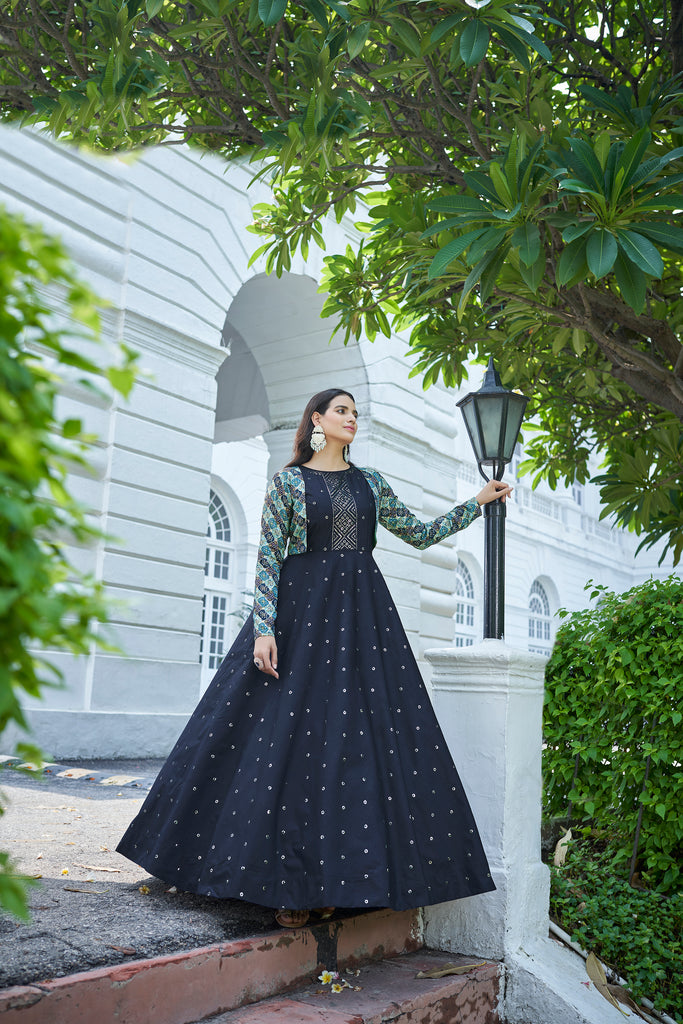 Cream with Multicolor Thread, Sequins and Zari work Jacket Styled Floo –  Seasons Chennai