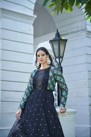Amazing Blue with Multicolor Color Work Anarkali Gown With Jacket Clothsvilla