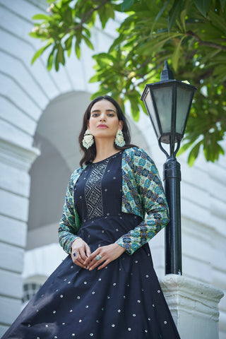 Amazing Blue with Multicolor Color Work Anarkali Gown With Jacket Clothsvilla