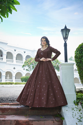 Amazing Dark Maroon with Multicolor Color Work Anarkali Gown With Jacket Clothsvilla