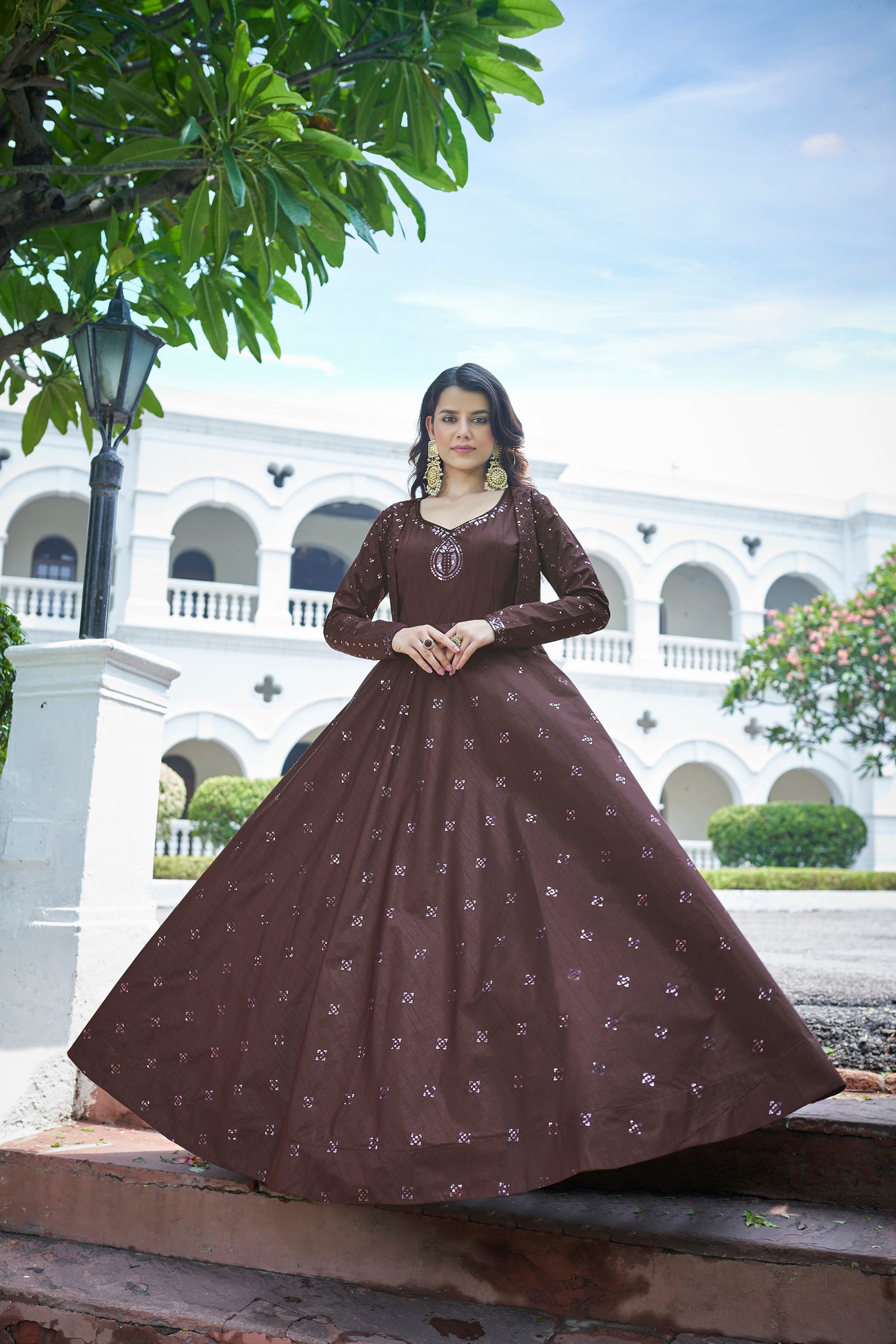 Amazing Dark Maroon with Multicolor Color Work Anarkali Gown With Jacket Clothsvilla