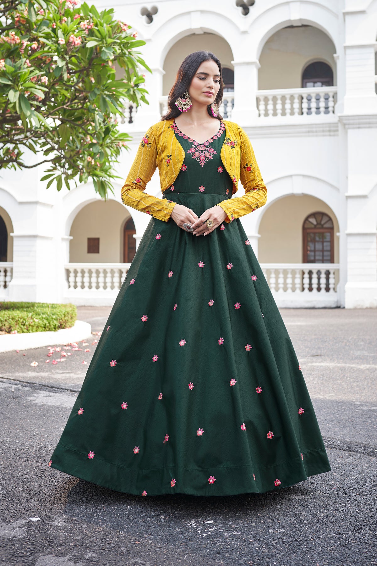 Amazing Green with Yellow Color Work Anarkali Gown With Jacket Clothsvilla Main image