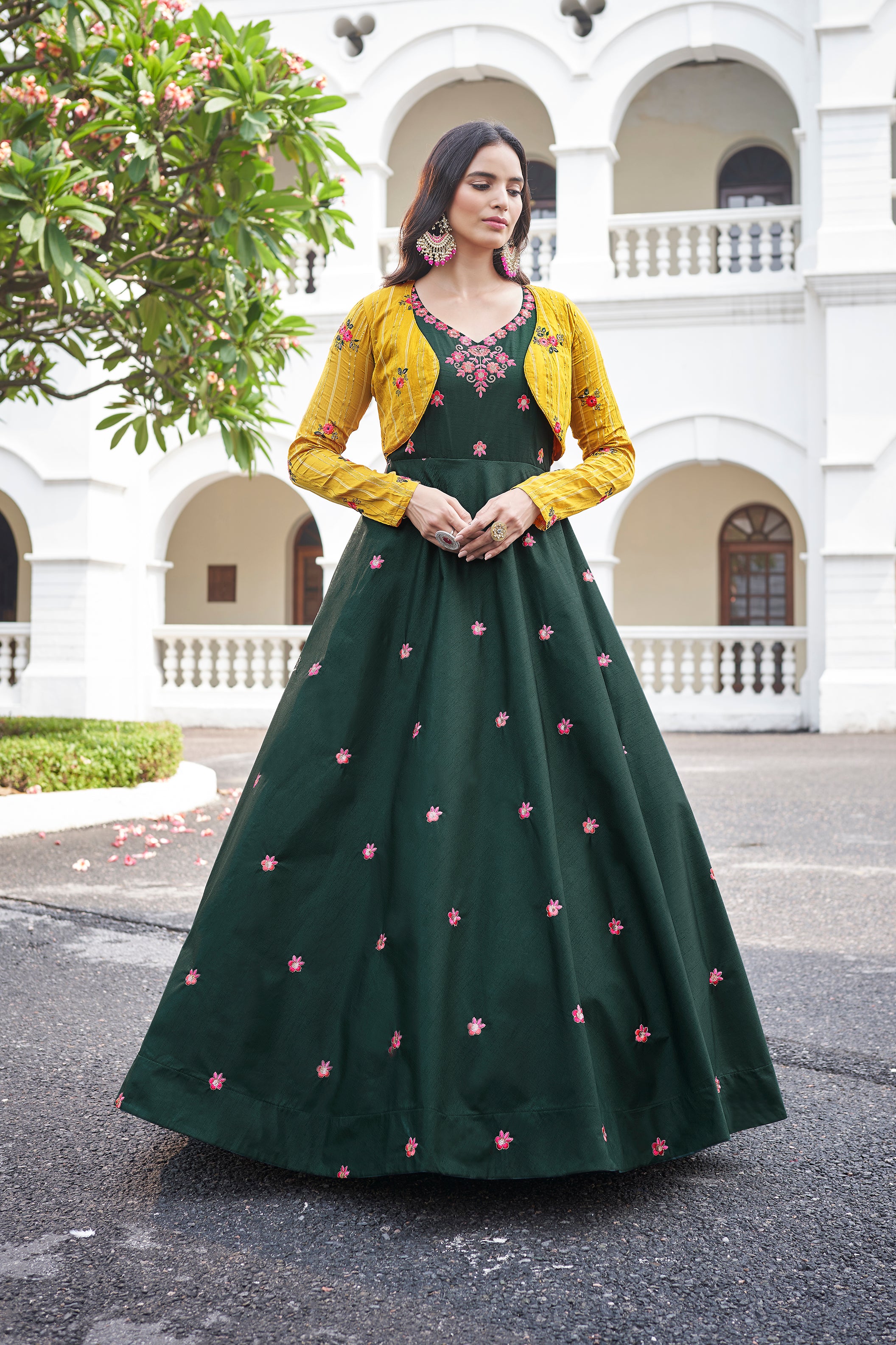 Amazing Green with Yellow Color Work Anarkali Gown With Jacket Clothsvilla Main image