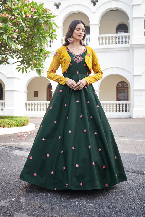 Amazing Green with Yellow Color Work Anarkali Gown With Jacket Clothsvilla Main image