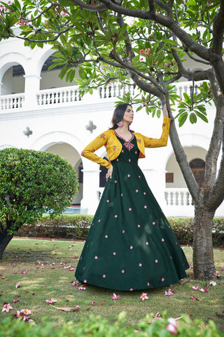 Amazing Green with Yellow Color Work Anarkali Gown With Jacket Clothsvilla