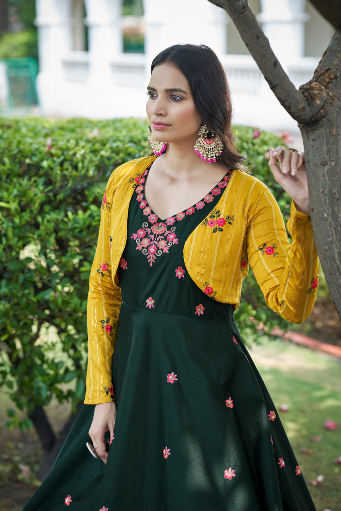 Amazing Green with Yellow Color Work Anarkali Gown With Jacket Clothsvilla