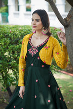 Load image into Gallery viewer, Amazing Green with Yellow Color Work Anarkali Gown With Jacket Clothsvilla