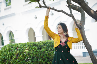 Amazing Green with Yellow Color Work Anarkali Gown With Jacket Clothsvilla