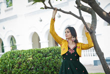 Load image into Gallery viewer, Amazing Green with Yellow Color Work Anarkali Gown With Jacket Clothsvilla
