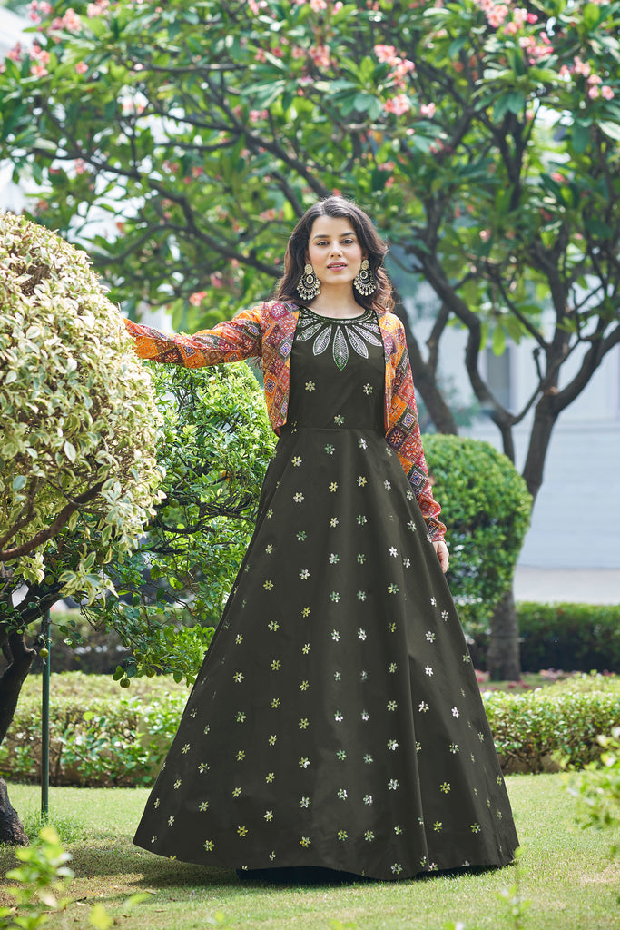 Amazing Olive with Multicolor Color Work Anarkali Gown With Koti Clothsvilla