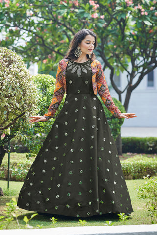 Amazing Olive with Multicolor Color Work Anarkali Gown With Koti Clothsvilla