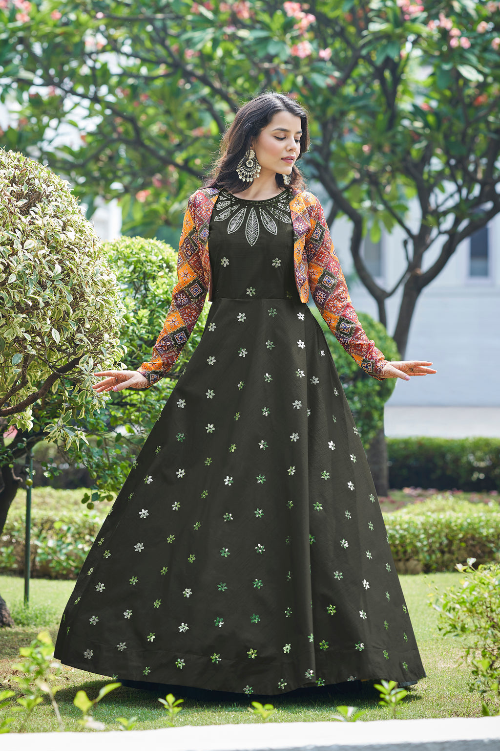 Amazing Olive with Multicolor Color Work Anarkali Gown With Koti Clothsvilla