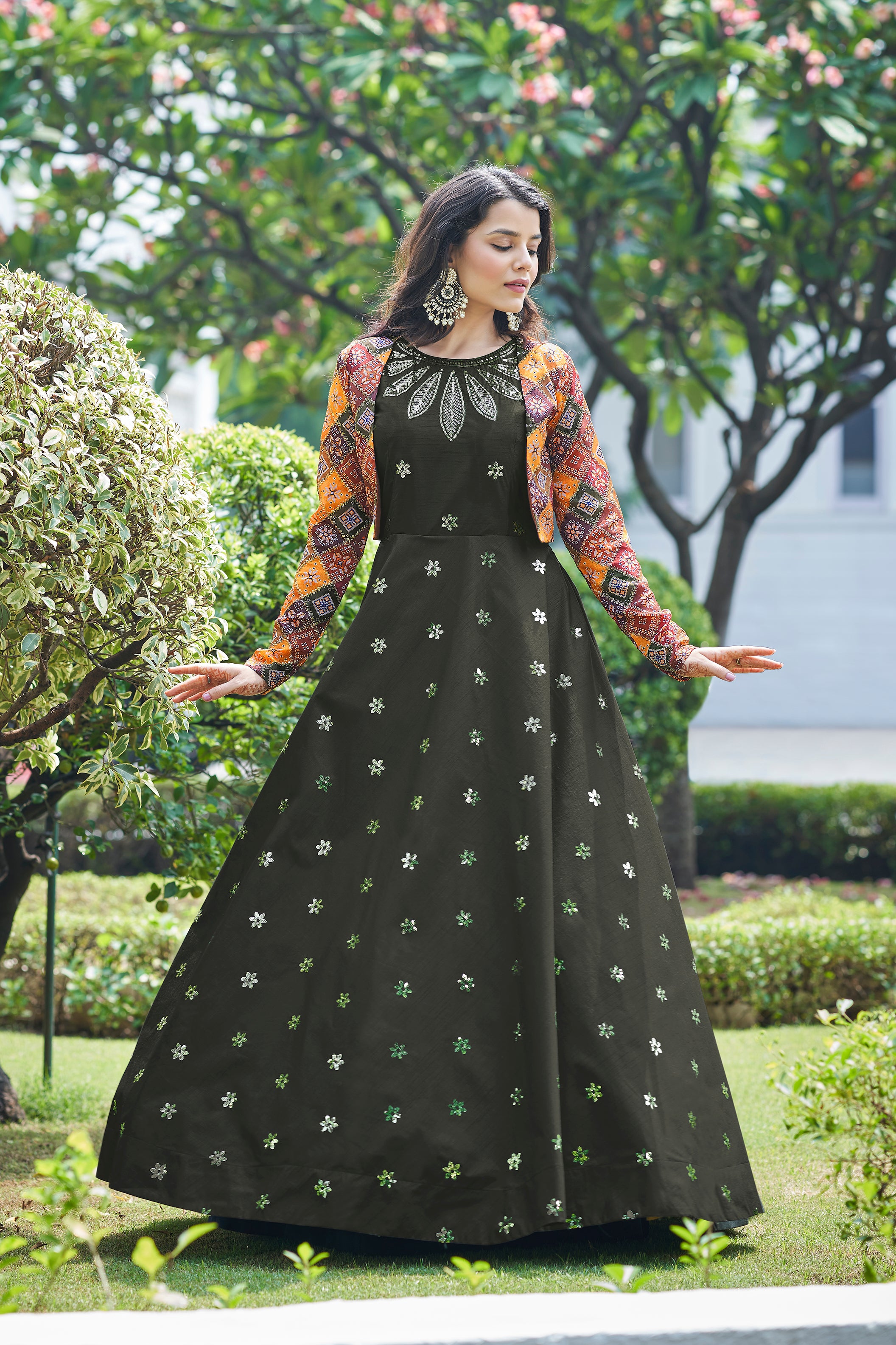 Amazing Olive with Multicolor Color Work Anarkali Gown With Koti Clothsvilla