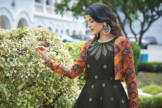 Amazing Olive with Multicolor Color Work Anarkali Gown With Koti Clothsvilla
