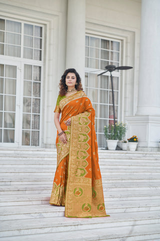 Amazing Orange Zari Weaving Banarasi Silk Wedding Wear Saree ClothsVilla