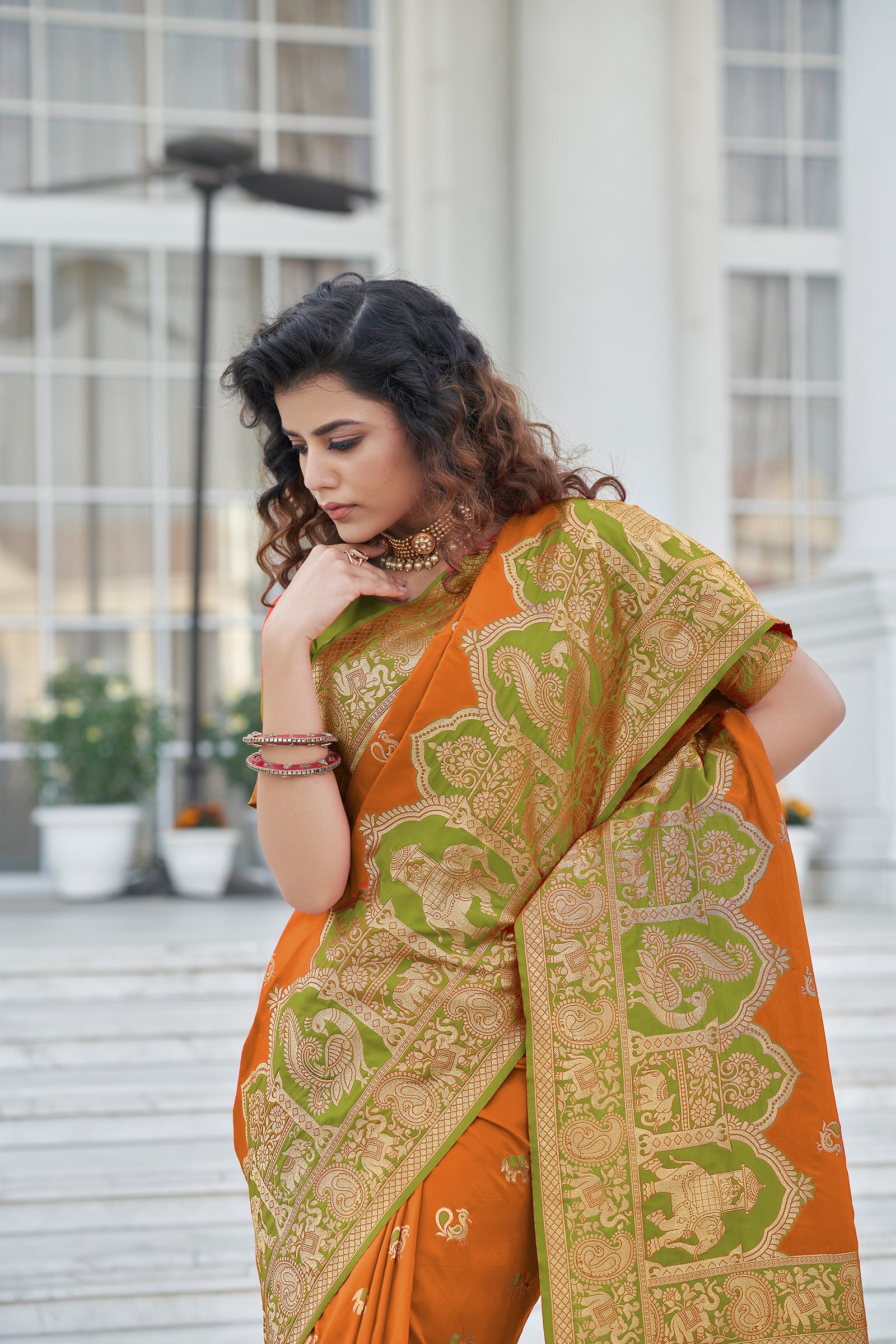 Amazing Orange Zari Weaving Banarasi Silk Wedding Wear Saree ClothsVilla
