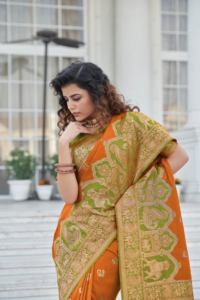 Amazing Orange Zari Weaving Banarasi Silk Wedding Wear Saree ClothsVilla