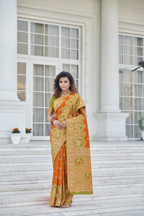 Amazing Orange Zari Weaving Banarasi Silk Wedding Wear Saree ClothsVilla Main image