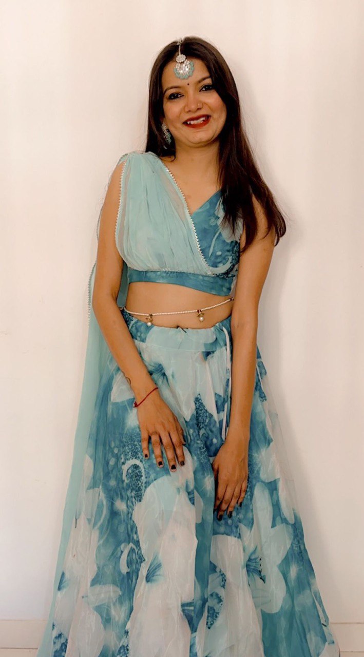 Blue & Pink Bandhani Printed Lehenga Choli With Leheriya Attached Dupa