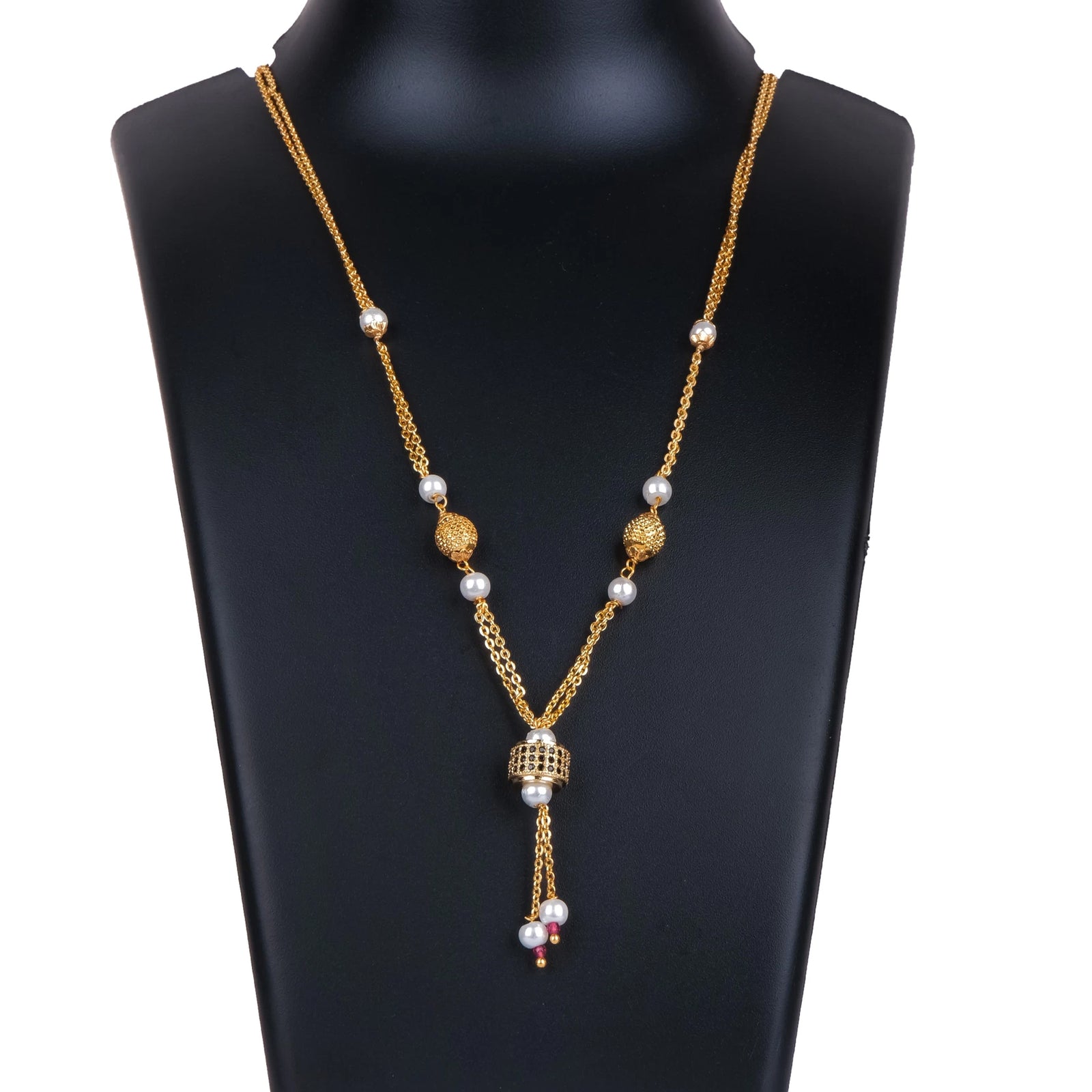 American Diamond Black and Pearl Two Layer Chain Gold-plated Brass Pendant ClothsVilla
