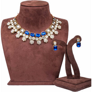 American Dimond Blue Polki Shape Necklace Alloy Gold-plated Jewel Set ClothsVilla
