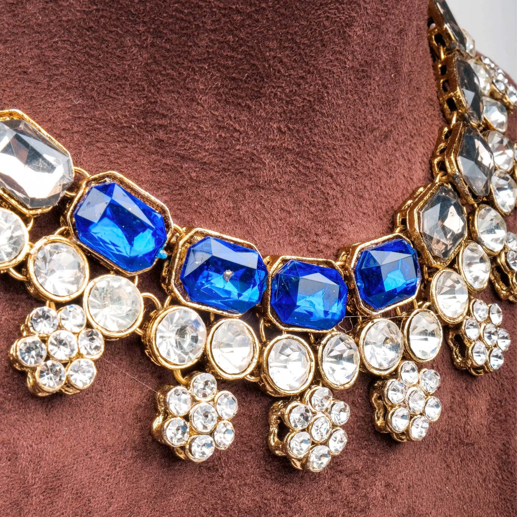 American Dimond Blue Polki Shape Necklace Alloy Gold-plated Jewel Set ClothsVilla