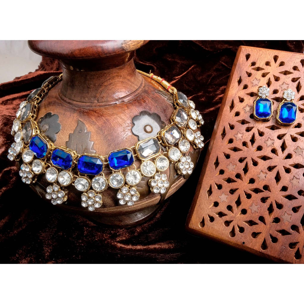 American Dimond Blue Polki Shape Necklace Alloy Gold-plated Jewel Set ClothsVilla