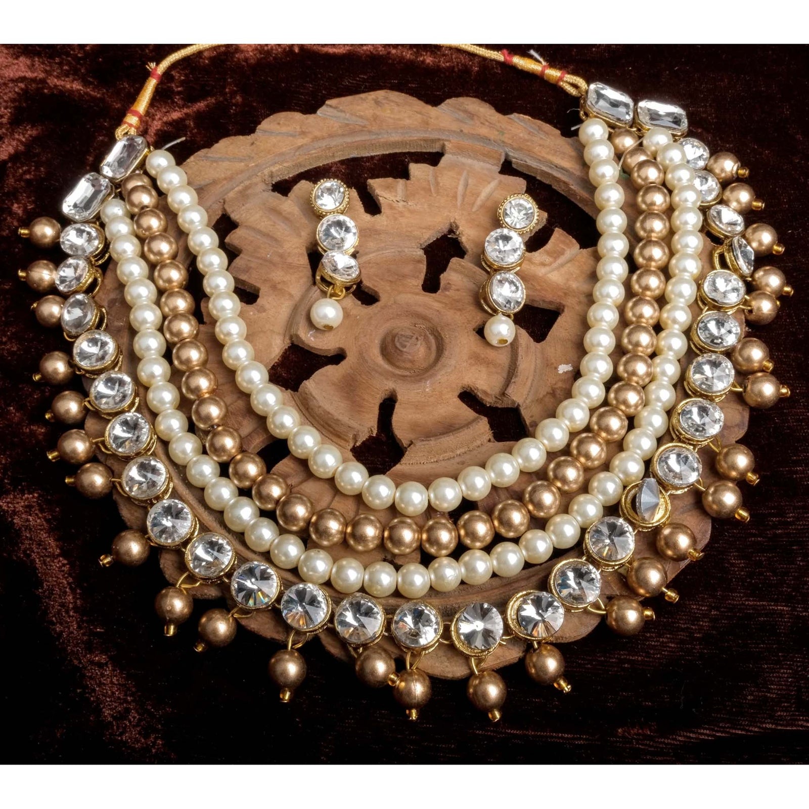 American Dimond with Gold Plated Perl Necklace Alloy Jewel Set ClothsVilla