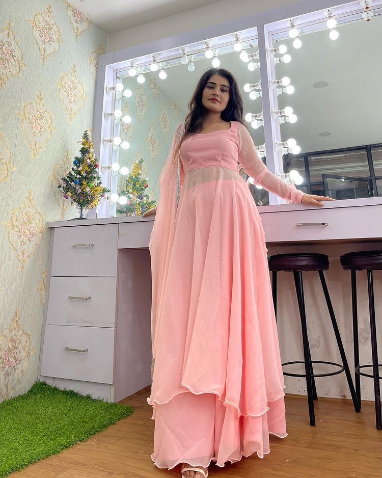 Pink Anarkali Gown Pant Set With Dupatta, Indian traditional Solid Color Gown Dupatta Set for Women And Girls Weddings, Readymade Dresses ClothsVilla