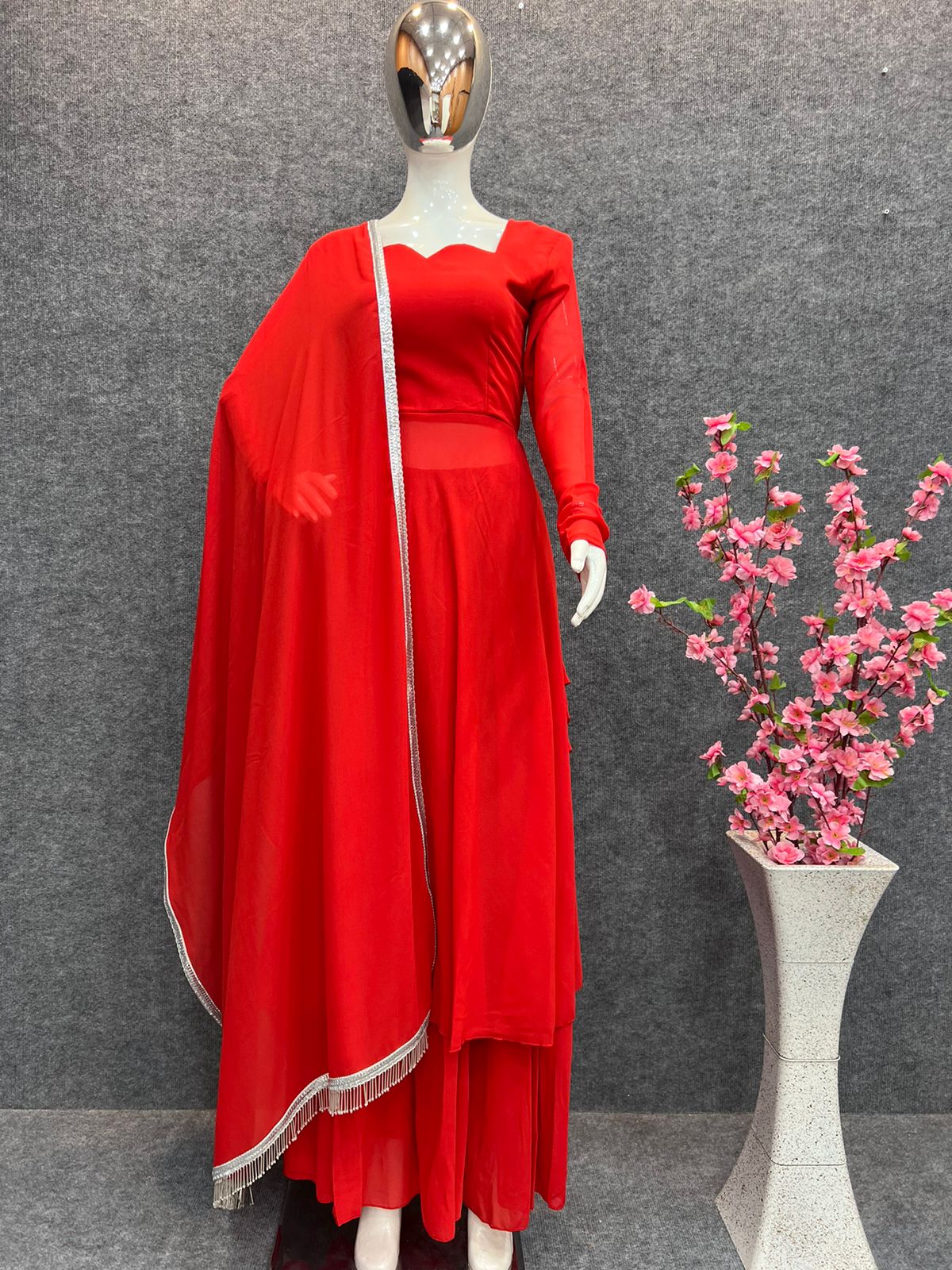 Red Anarkali Gown Pant Set With Dupatta, Indian traditional Solid Color Gown Dupatta Set for Women And Girls Weddings, Readymade Dresses Clothsvilla Main image