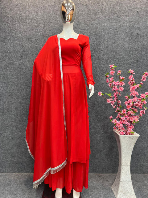 Red Anarkali Gown Pant Set With Dupatta, Indian traditional Solid Color Gown Dupatta Set for Women And Girls Weddings, Readymade Dresses Clothsvilla Main image
