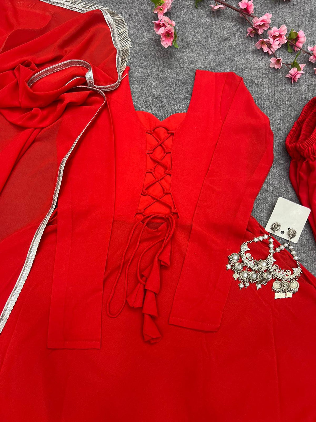 Red Anarkali Gown Pant Set With Dupatta, Indian traditional Solid Color Gown Dupatta Set for Women And Girls Weddings, Readymade Dresses Clothsvilla