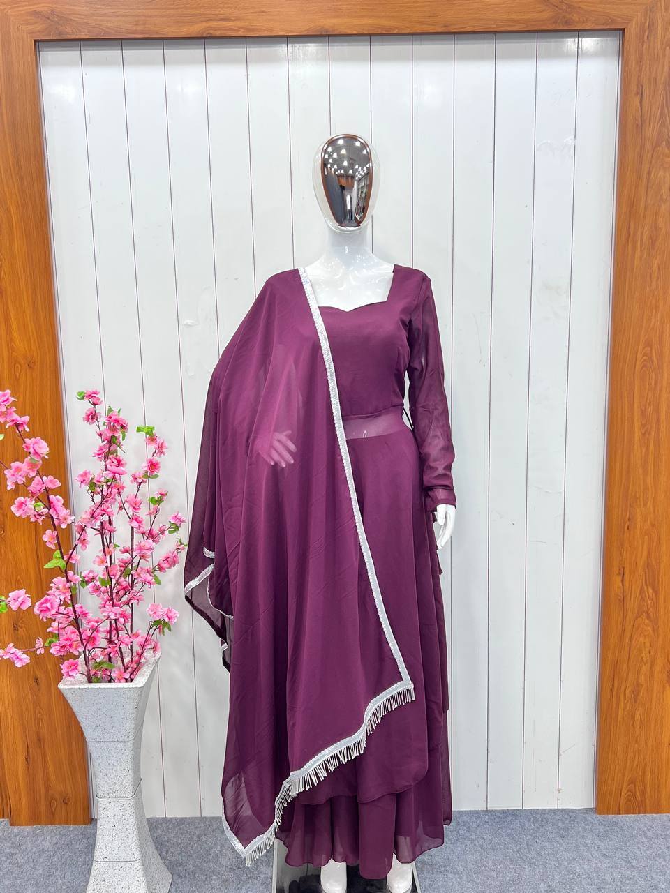Wine Anarkali Gown Pant Set With Dupatta, Indian traditional Solid Color Gown Dupatta Set for Women And Girls Weddings, Readymade Dresses Clothsvilla