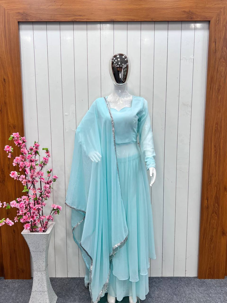 Sky Blue Anarkali Gown Pant Set With Dupatta, Indian traditional Solid Color Gown Dupatta Set for Women And Girls Weddings, Readymade Dresses Clothsvilla