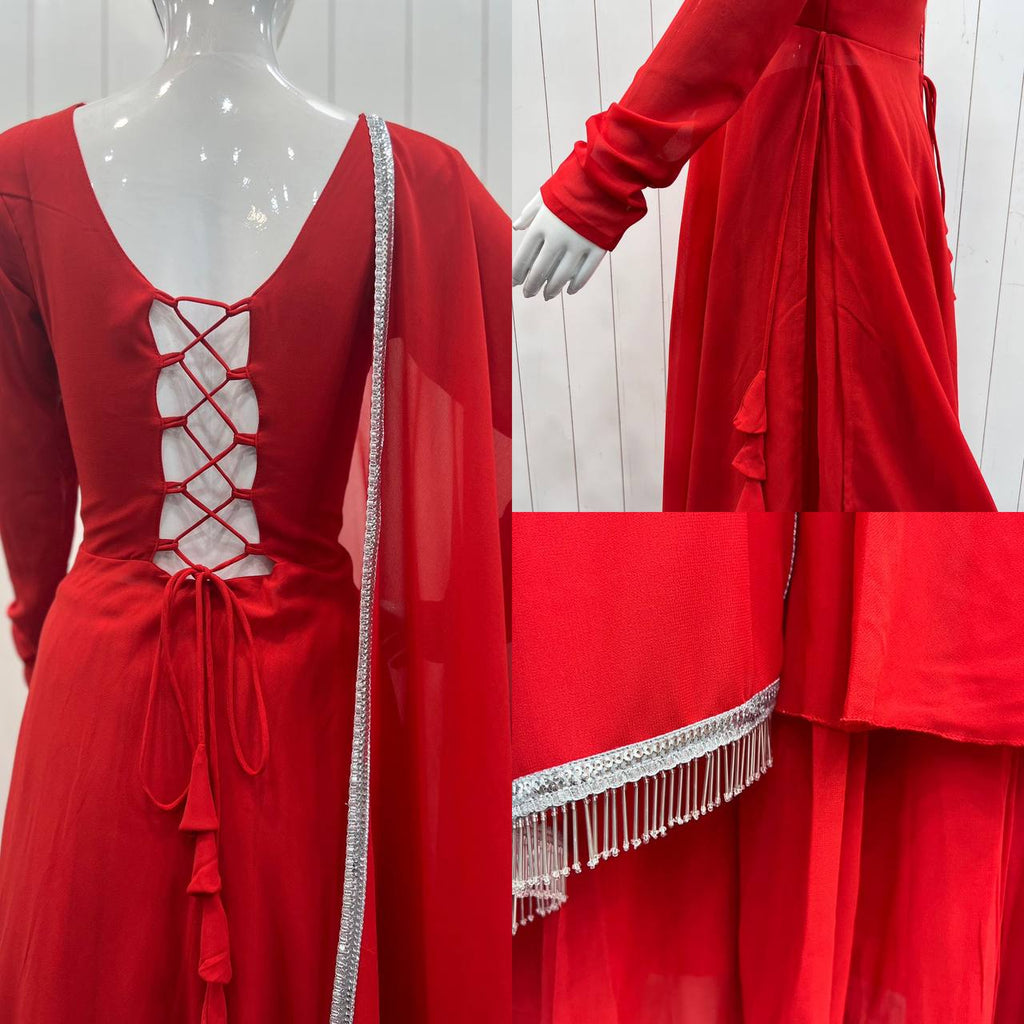 Red Anarkali Gown Pant Set With Dupatta, Indian traditional Solid Color Gown Dupatta Set for Women And Girls Weddings, Readymade Dresses Clothsvilla