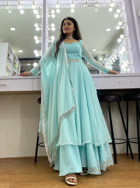 Sky Blue Anarkali Gown Pant Set With Dupatta, Indian traditional Solid Color Gown Dupatta Set for Women And Girls Weddings, Readymade Dresses Clothsvilla Main image