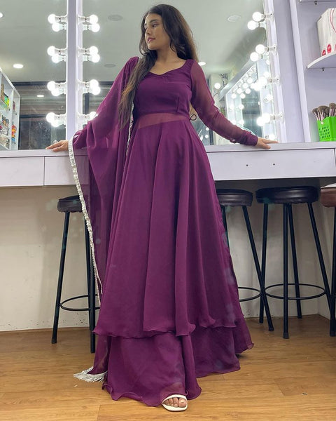 Wine Anarkali Gown Pant Set With Dupatta, Indian traditional Solid Color Gown Dupatta Set for Women And Girls Weddings, Readymade Dresses Clothsvilla Main image