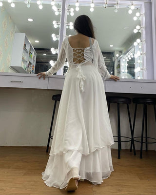 White Anarkali Gown Pant Set With Dupatta, Indian traditional Solid Color Gown Dupatta Set for Women And Girls Weddings, Readymade Dresses Clothsvilla