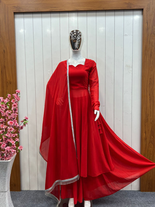 Red Anarkali Gown Pant Set With Dupatta, Indian traditional Solid Color Gown Dupatta Set for Women And Girls Weddings, Readymade Dresses Clothsvilla