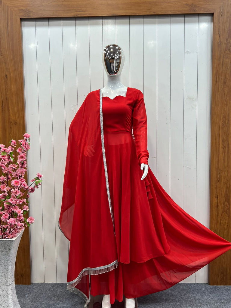 Red Anarkali Gown Pant Set With Dupatta, Indian traditional Red Anarkali Gown Pant Set With Dupatta, Indian traditional