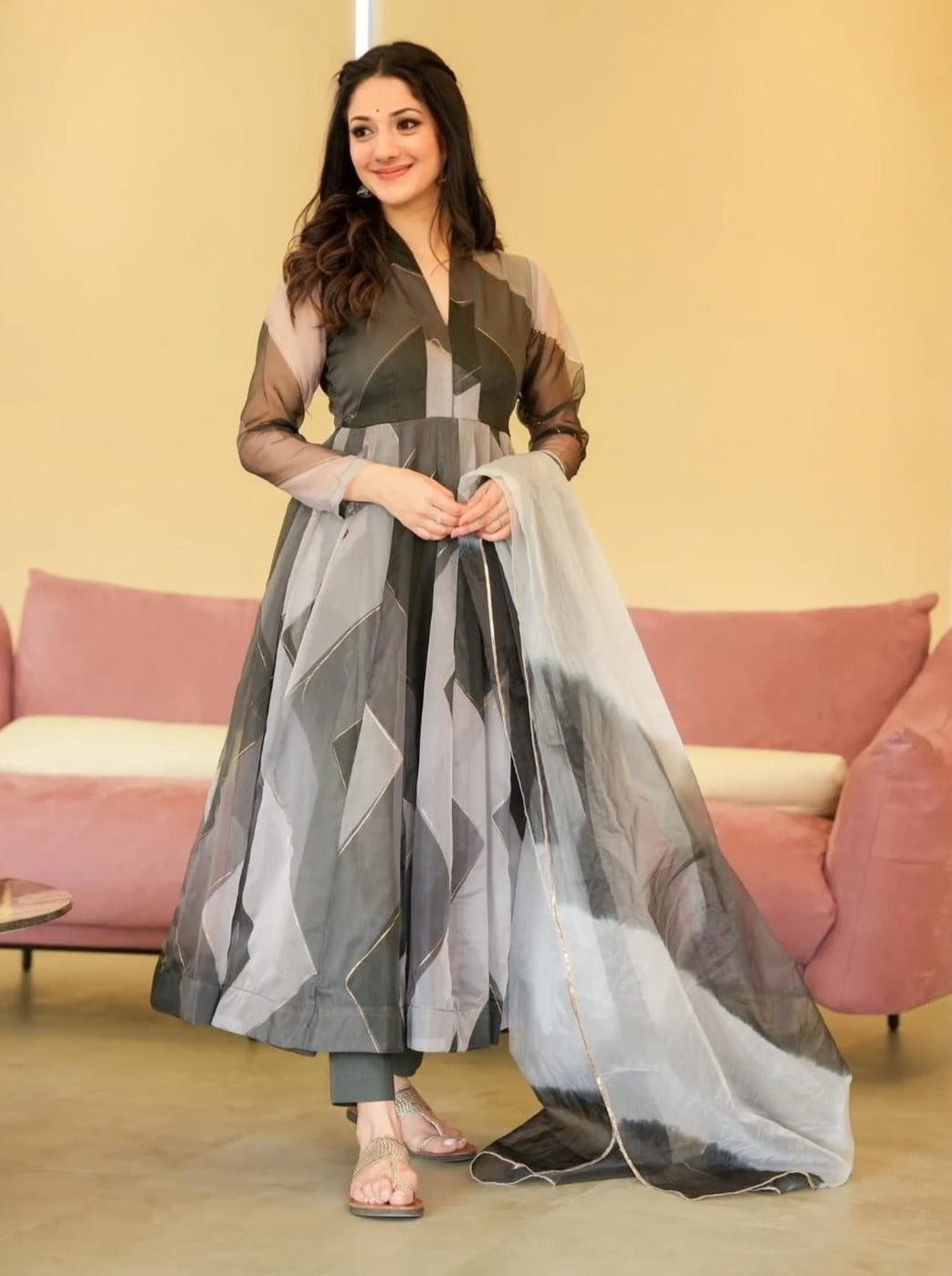 Anarkali Zigzag Foil Work Flared Kali Pattern Set with Dupatta Clothsvilla