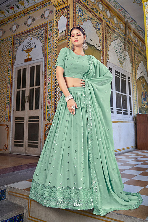 Any Special Occasion Beautiful Pista Green Embroidered Lehenga Choli in Shubhkala Store ClothsVilla.com