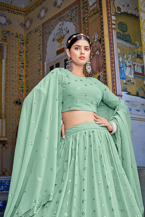 Any Special Occasion Beautiful Pista Green Embroidered Lehenga Choli in Shubhkala Store ClothsVilla.com