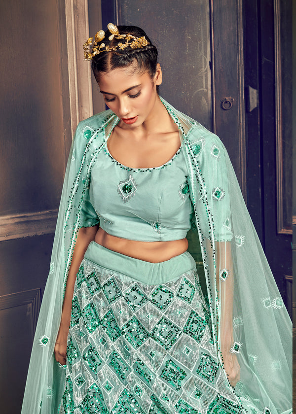 Appealing Turquoise Blue Georgette Embroidered Ghagra Choli With Dupatta ClothsVilla