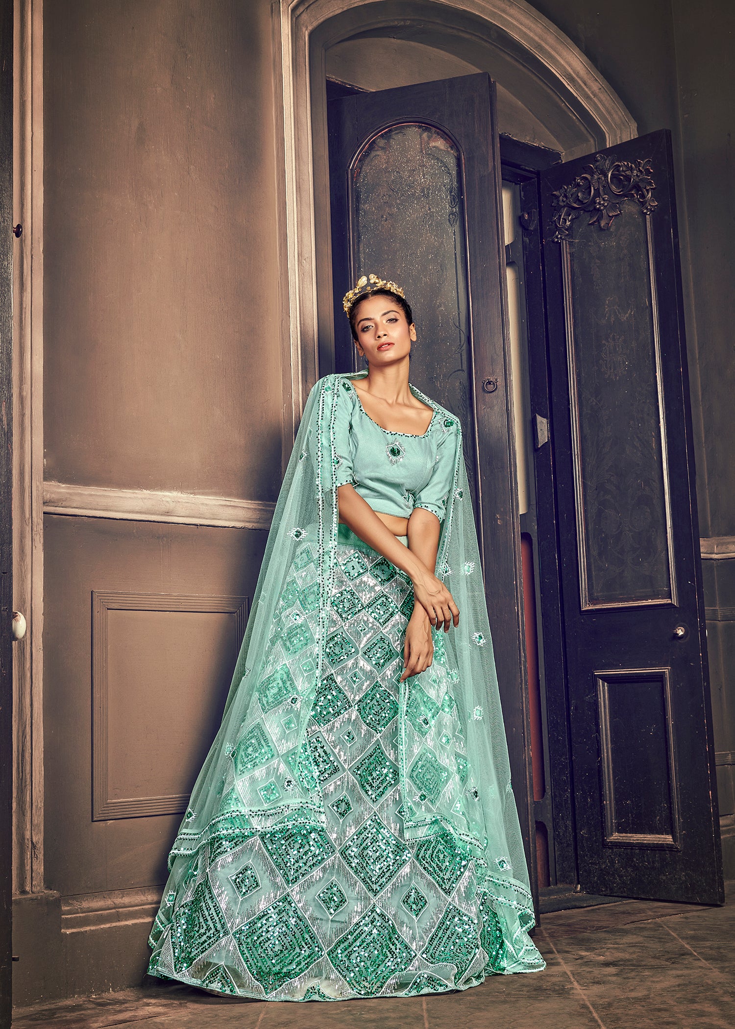 Appealing Turquoise Blue Georgette Embroidered Ghagra Choli With Dupatta ClothsVilla