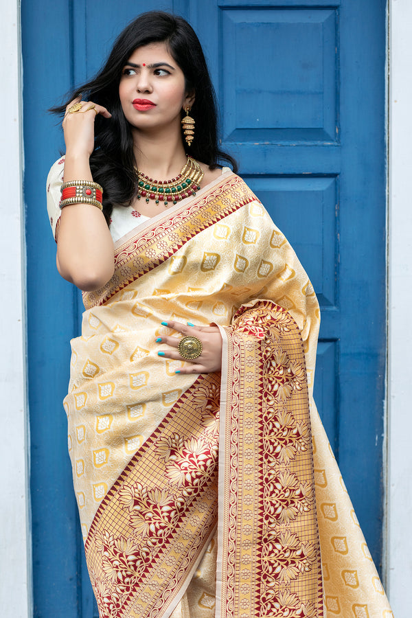 Arresting Off-White Colored Festive Wear Woven Banarasi Silk Saree ClothsVilla