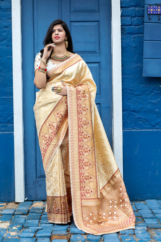 Arresting Off-White Colored Festive Wear Woven Banarasi Silk Saree ClothsVilla