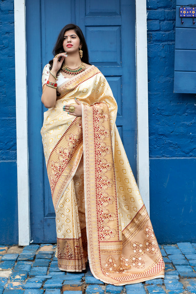 Arresting Off-White Colored Festive Wear Woven Banarasi Silk Saree ClothsVilla