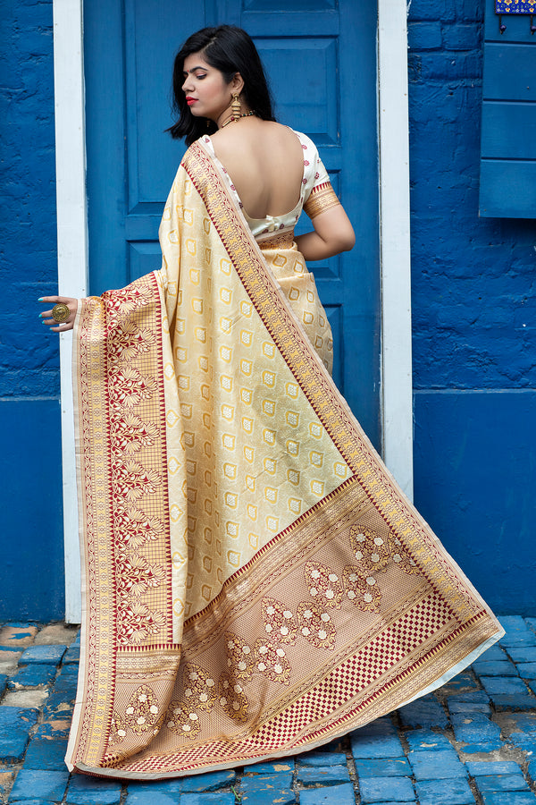 Arresting Off-White Colored Festive Wear Woven Banarasi Silk Saree ClothsVilla
