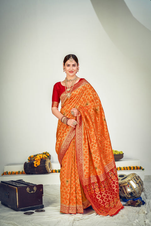 Fantastic Orange Banarasi Silk Wedding Wear Saree ClothsVilla Main image